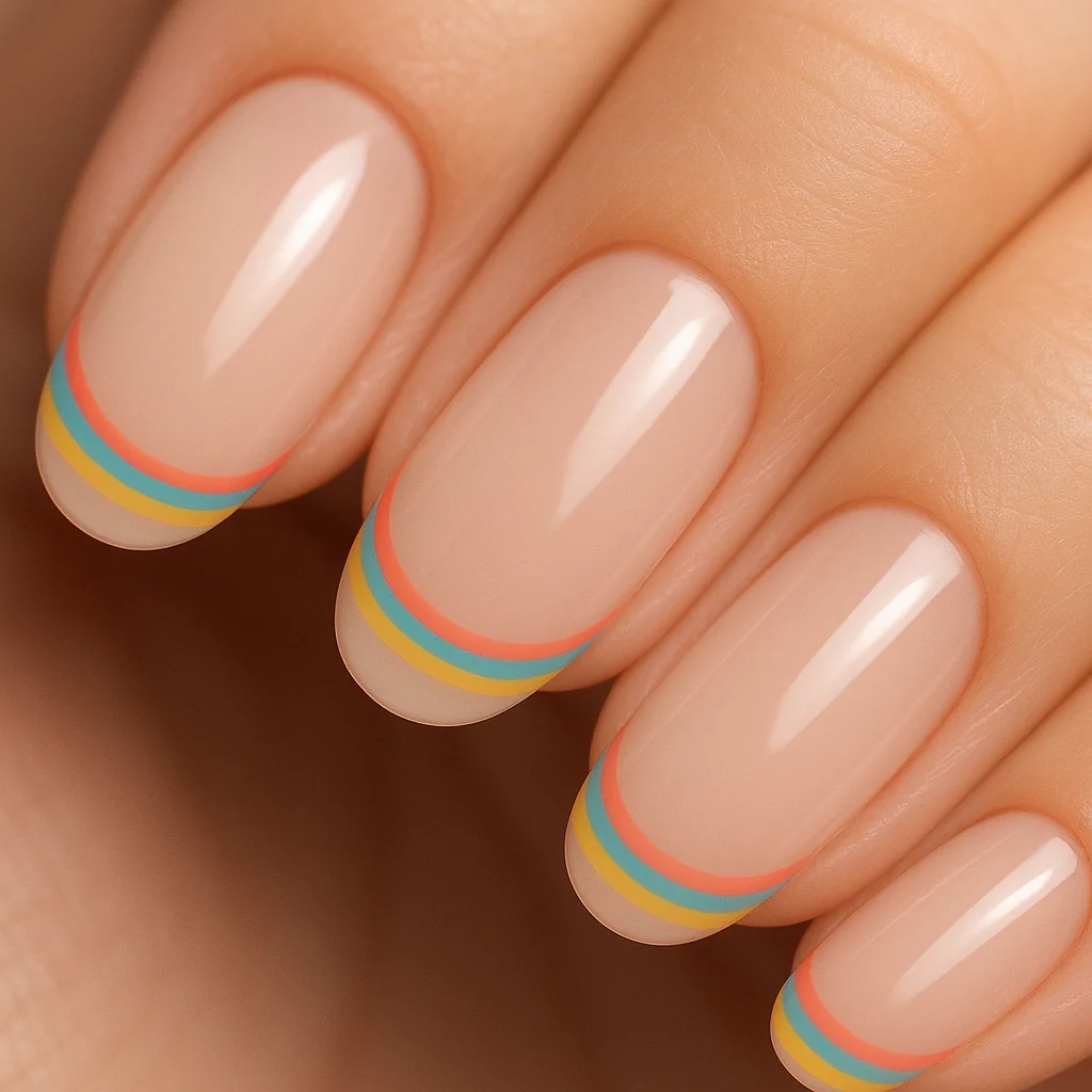 Striped French tip nails with coral turquoise and yellow stripes on sheer nude base — modern French manicure summer 2026