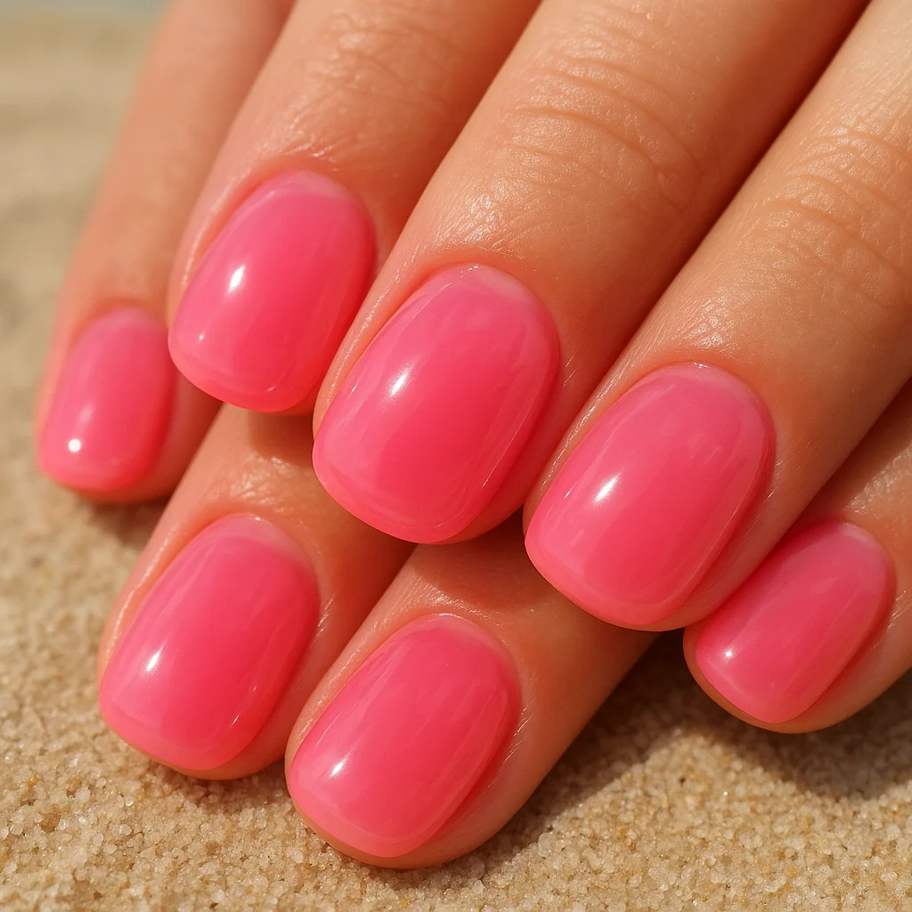 Sheer jelly pink translucent gel nails on short rounded square — glazed summer nail trend 2026