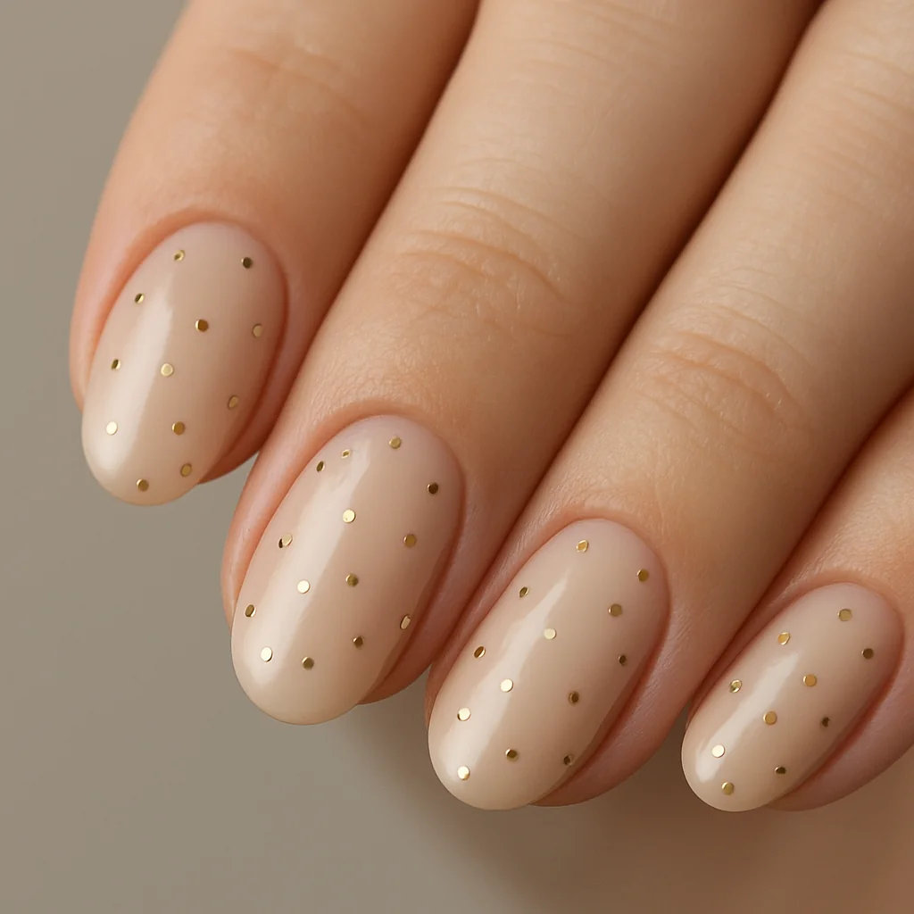 Metallic micro-dot nails with tiny gold dots on nude beige base — minimalist summer nail design 2026