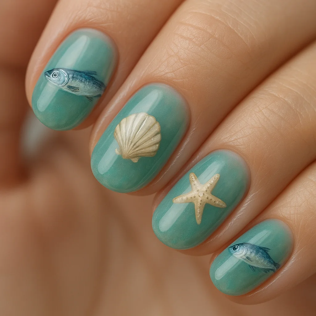 Sea life nail art with tiny sardines seashells and starfish on blue-green base — coastal summer nail design 2026
