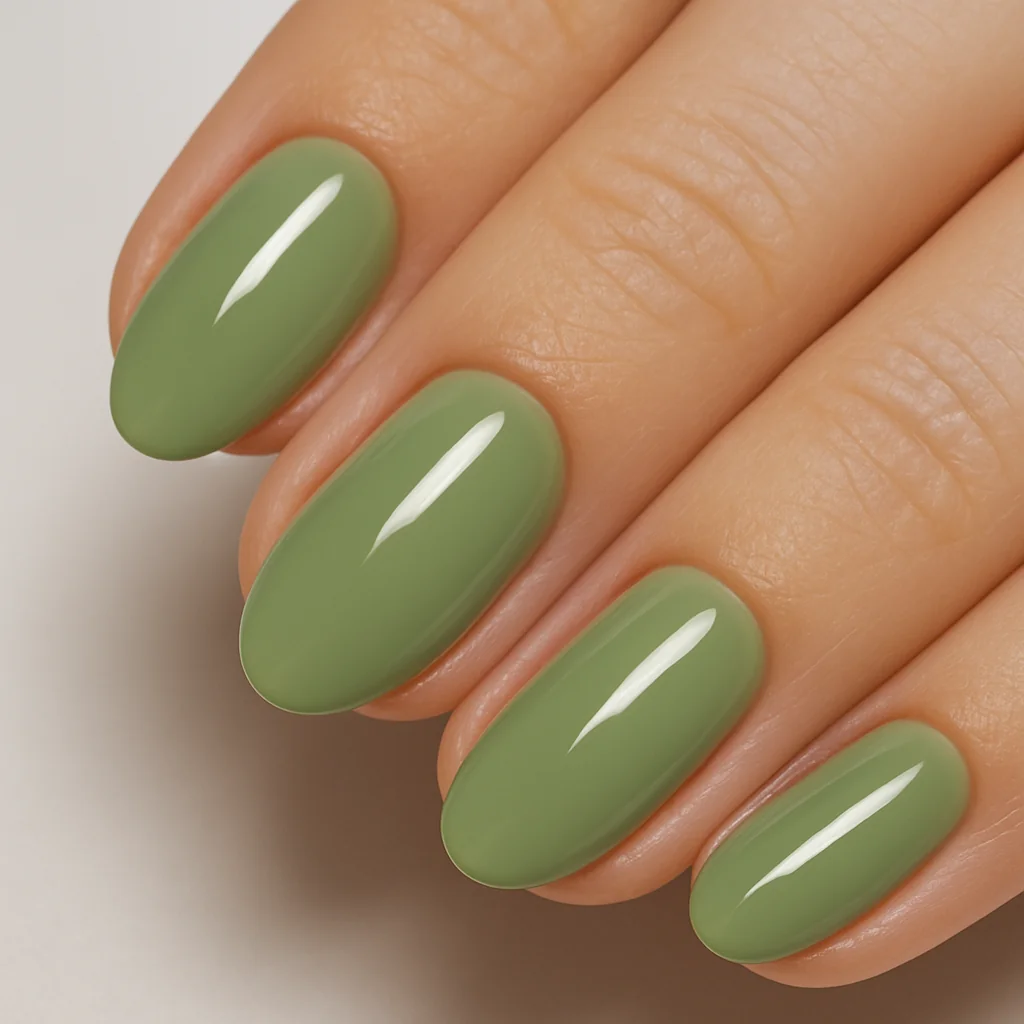 Matcha green glossy nails on short almond shape — earthy summer nail color 2026