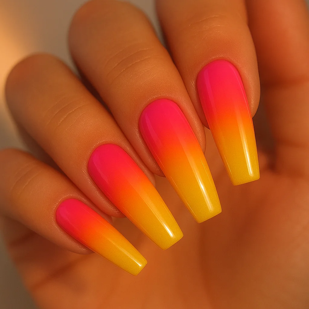 Sunset gradient nails blending hot pink orange and golden yellow on coffin shape — summer nail art 2026