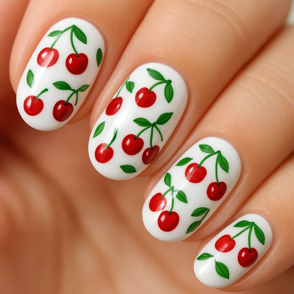 Cherry print nails with red cherries and green leaves on white base — cute summer nail art 2026