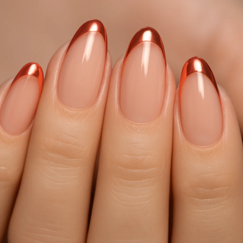 Colored chrome French tip nails with vibrant coral metallic tips on sheer base — modern French manicure summer 2026