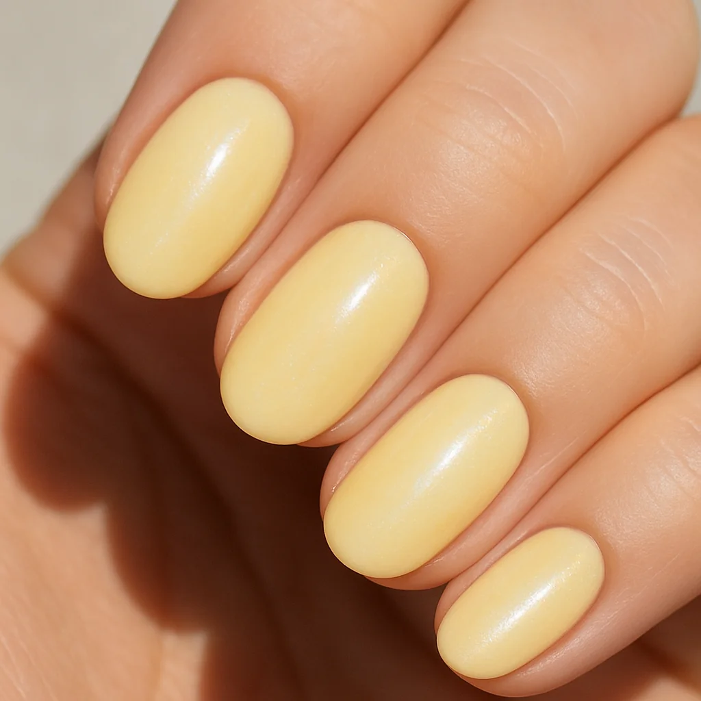 Butter yellow glazed nails with milky iridescent finish on short almond shape — summer nail color 2026