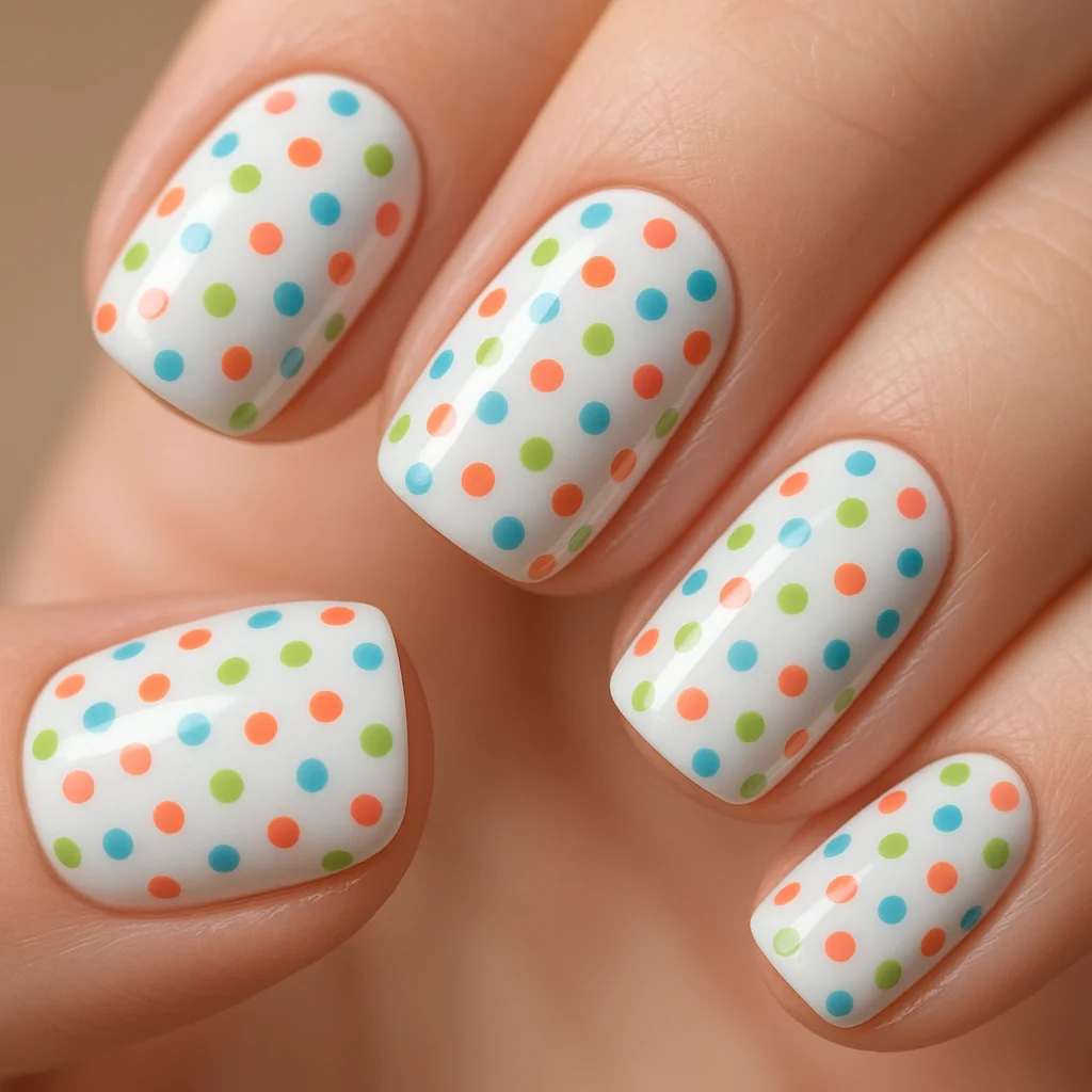 Polka dot summer nails with multicolor micro dots on white base — retro nail trend summer 2026