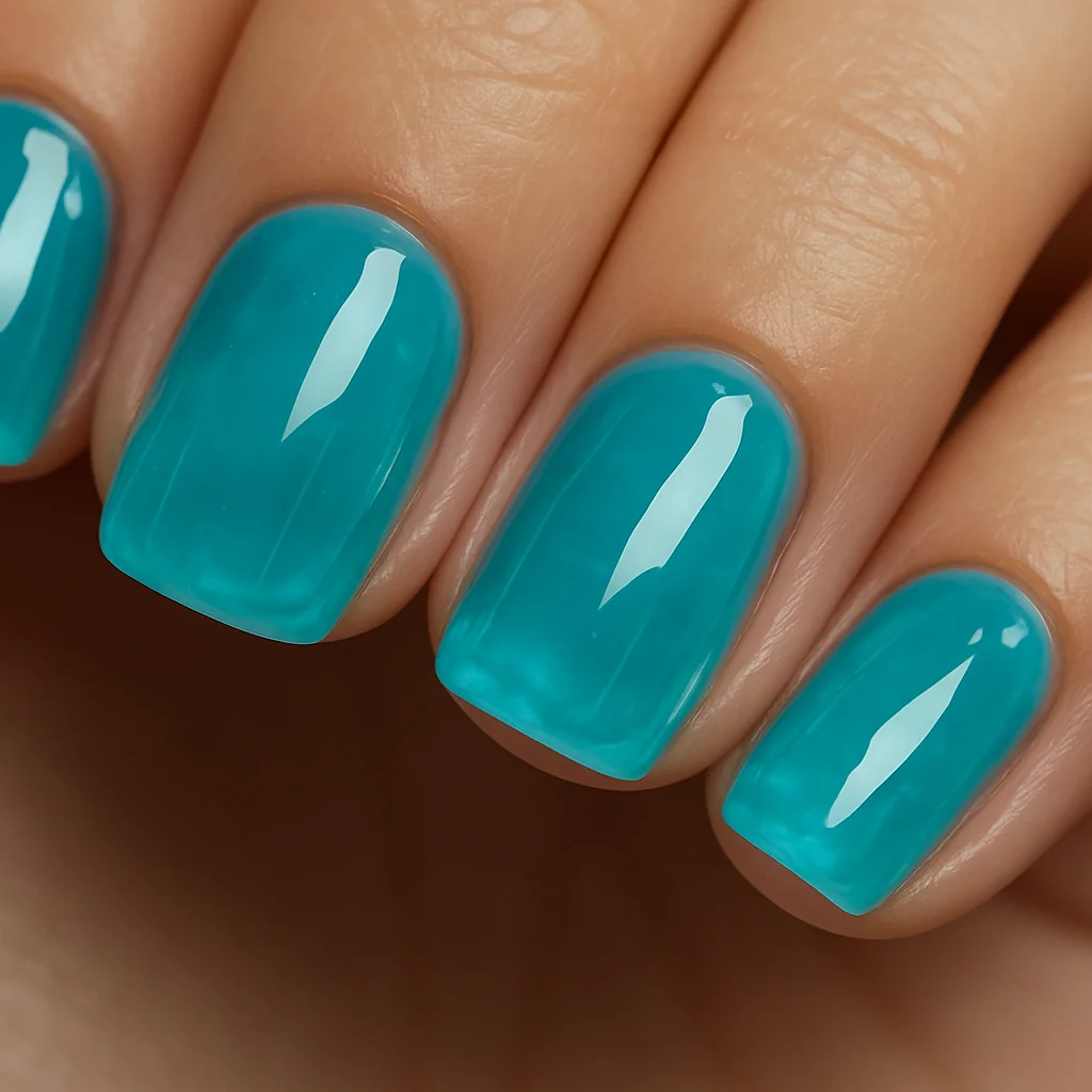 Aqua blue jelly nails in translucent turquoise gel on short square shape — tropical summer nail design 2026