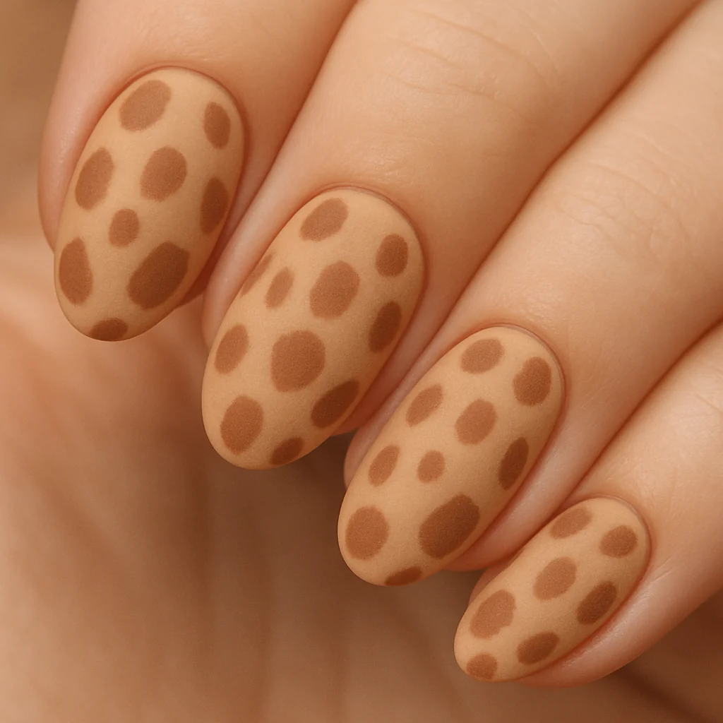 Fawn animal print nails with tan base and soft brown deer spot pattern on almond shape — understated summer nail trend 2026