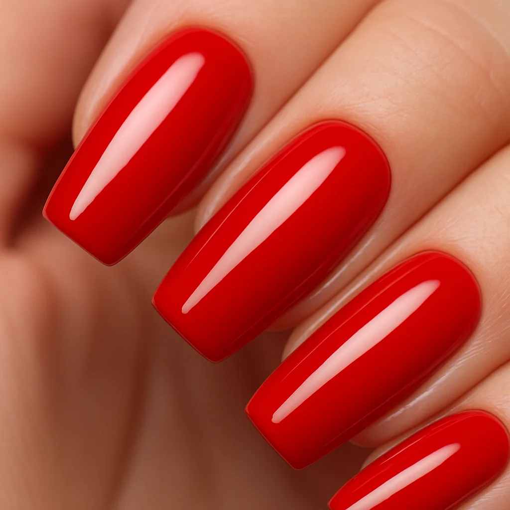 Strawberry red glossy nails on short coffin shape — bold summer nail color 2026