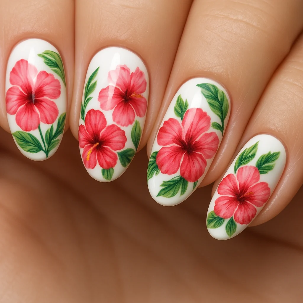 Tropical floral nails with hand-painted hibiscus flowers on white oval nails — vacation nail art summer 2026