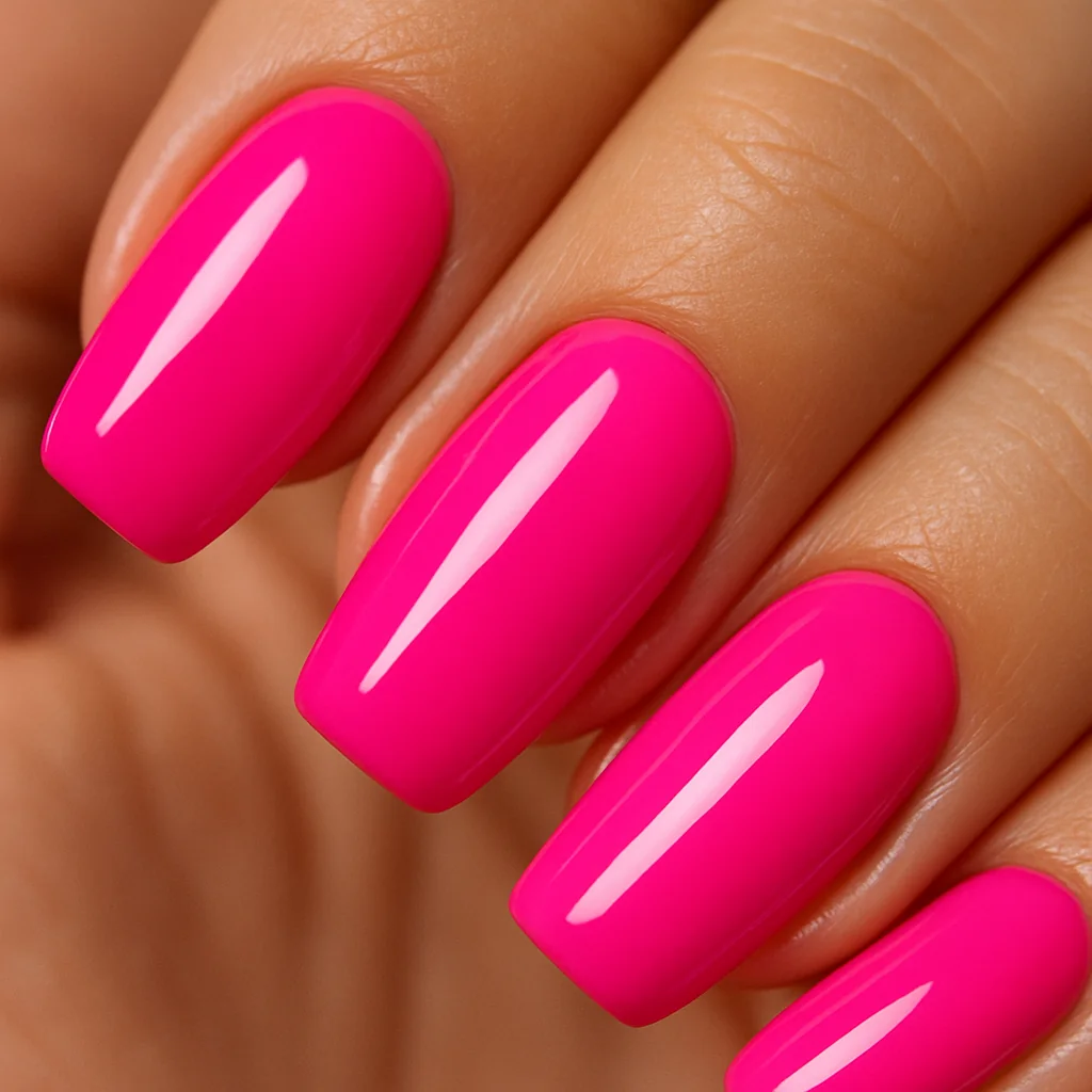 Barbie hot pink glossy nails on short coffin shape — bold summer statement manicure 2026