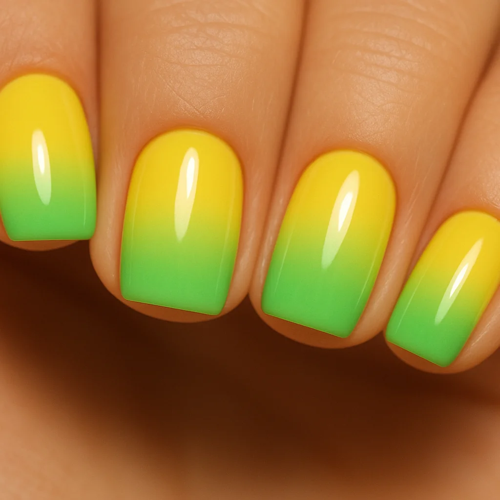 Citrus ombré nails blending lemon yellow to lime green on short square nails — tropical summer nail art 2026