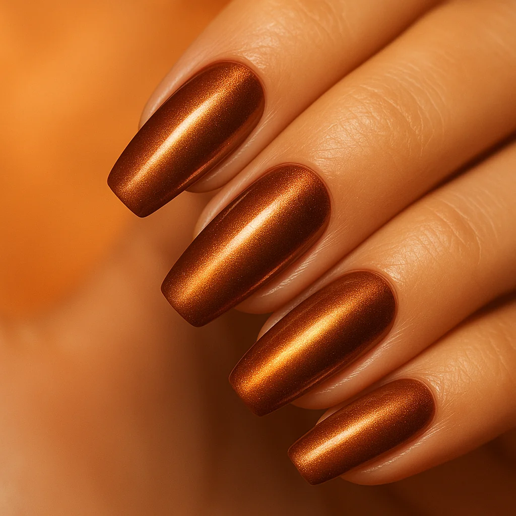 Copper gold cat-eye magnetic shimmer nails on coffin shape — summer glow nail trend 2026