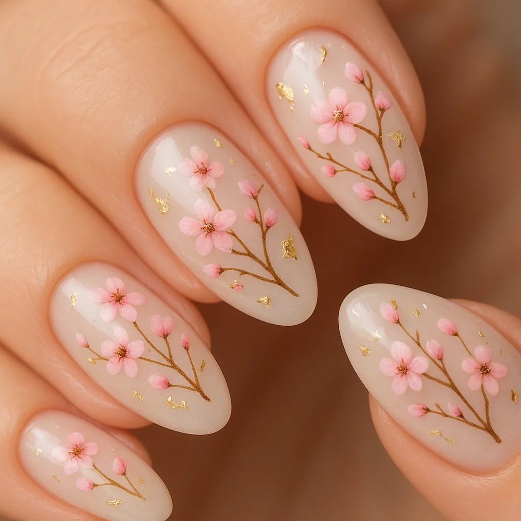 Micro cherry blossom nail art with tiny pink flowers and gold foil on milky base — delicate summer nail design 2026