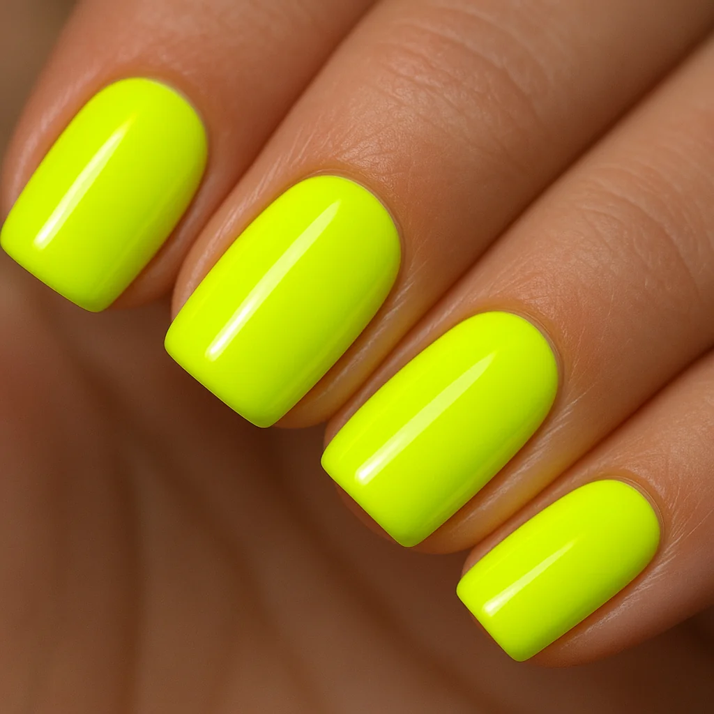 Neon yellow glossy nails on short square shape — bold festival summer nail color 2026