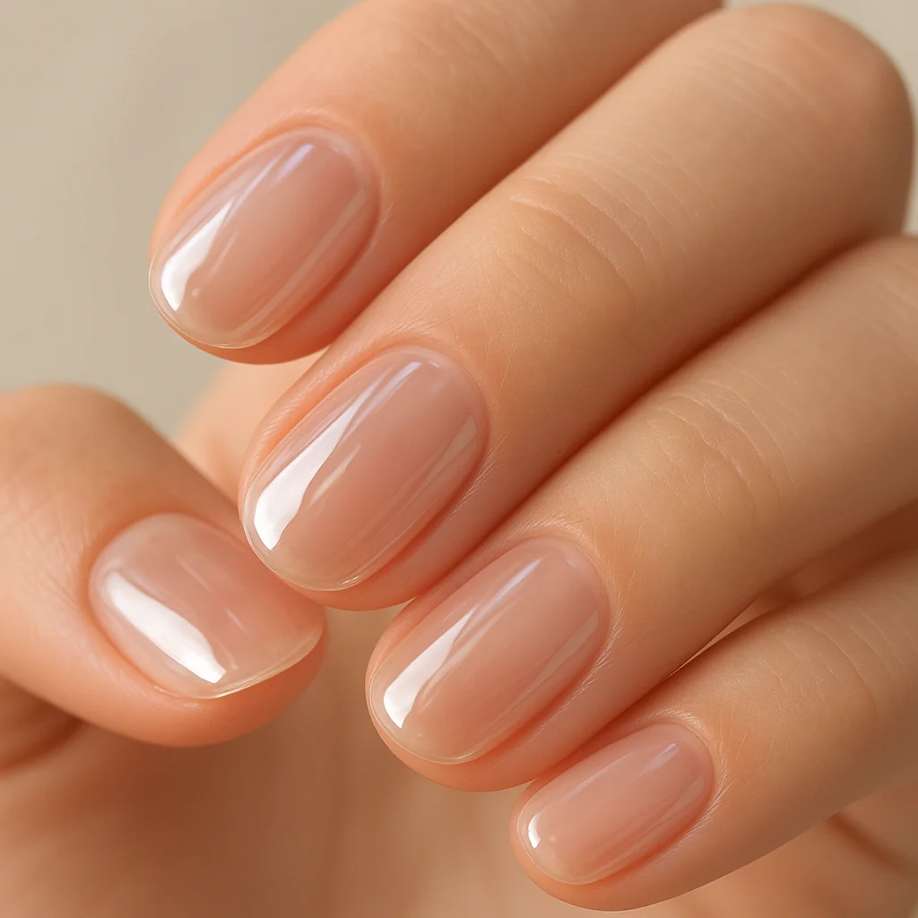 Glass nail effect ultra-clear transparent gel with mirror-like surface on short rounded nails — minimal summer 2026