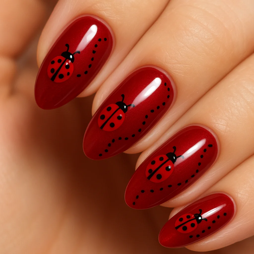 Ladybug nail art with tiny painted ladybugs on deep red cat-eye base — whimsical summer nail design 2026