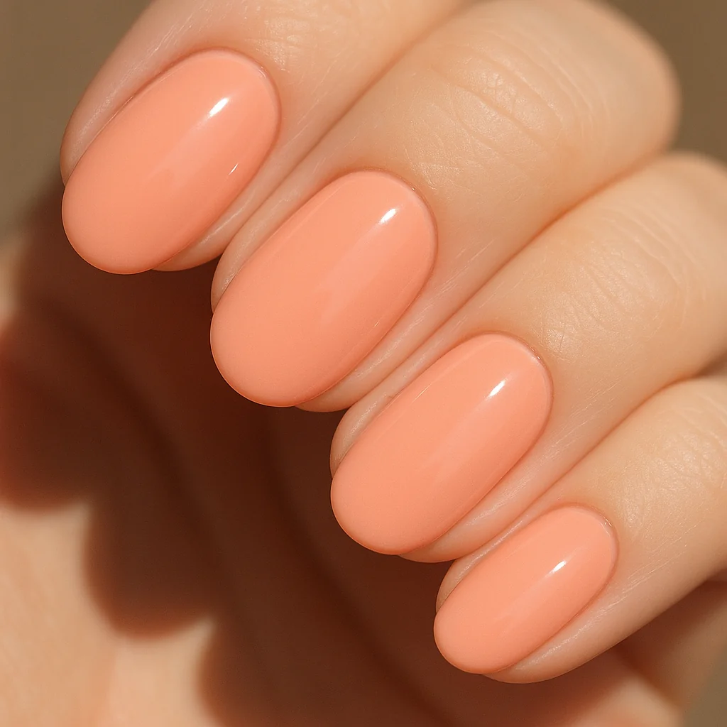 Peach sorbet nails in soft peachy coral tone on short almond shape — soft girl summer nail color 2026