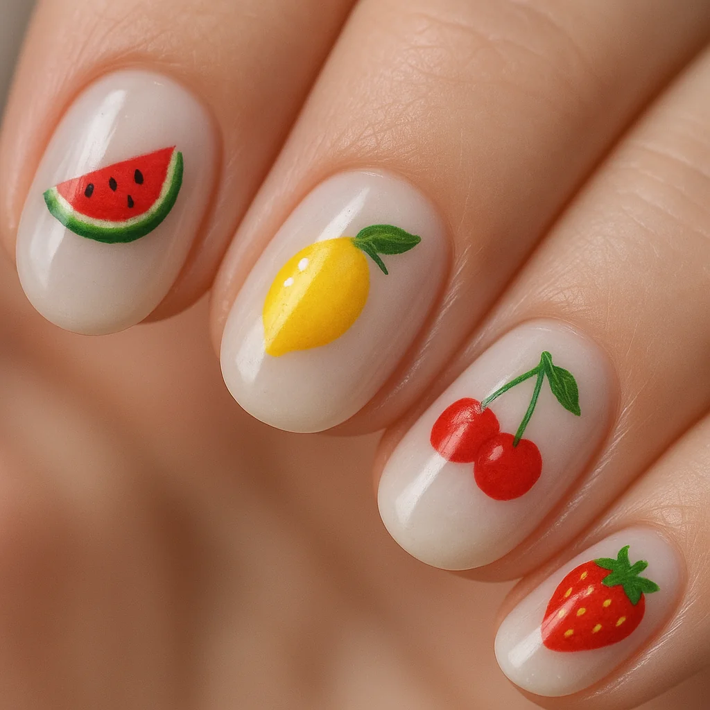 Mixed summer fruit nails with watermelon lemon cherry and strawberry motifs on white oval nails — vacation nail art 2026