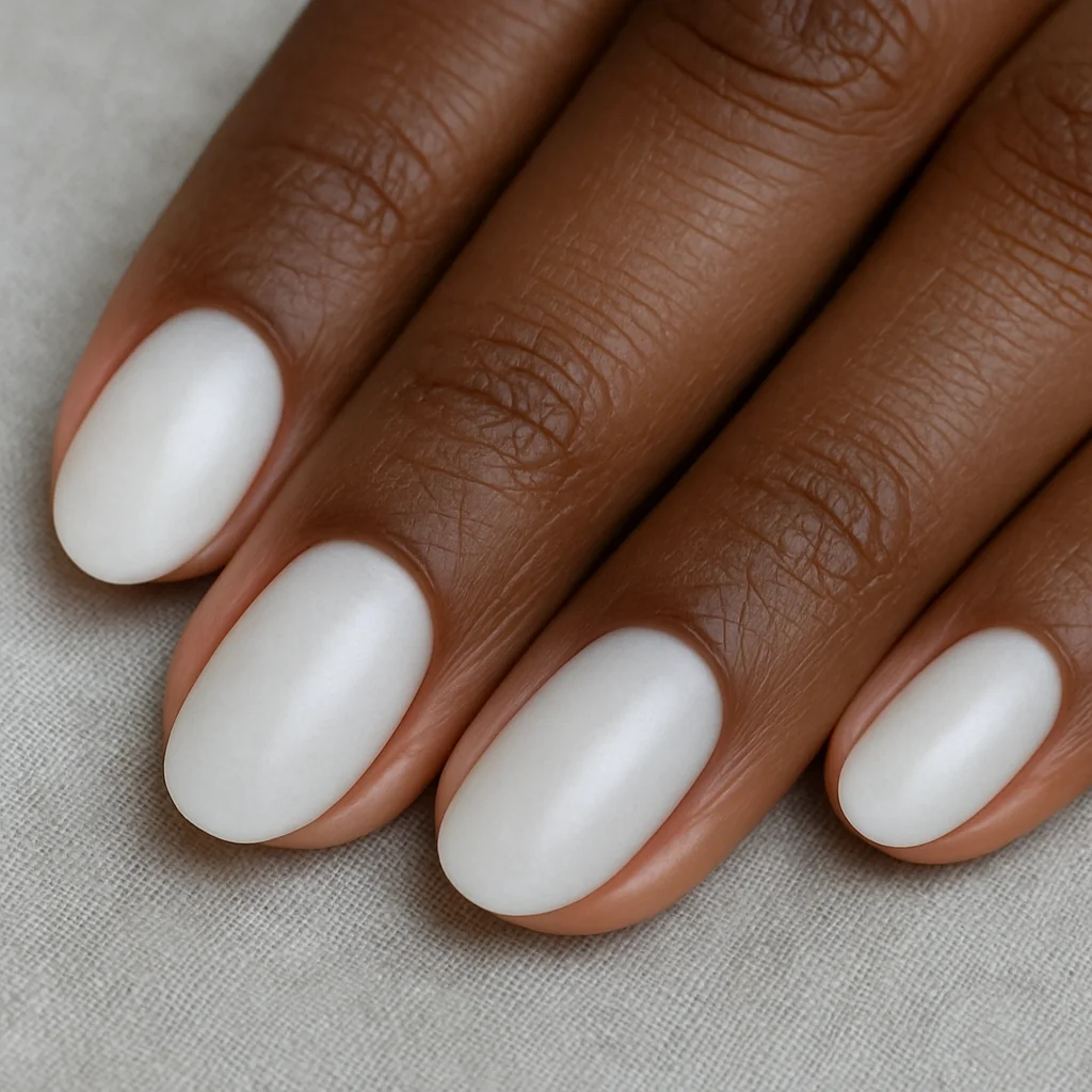 Cloud Dancer milky white glazed nails satin luminous finish on deep brown skin on pale grey linen — white nail design 2026