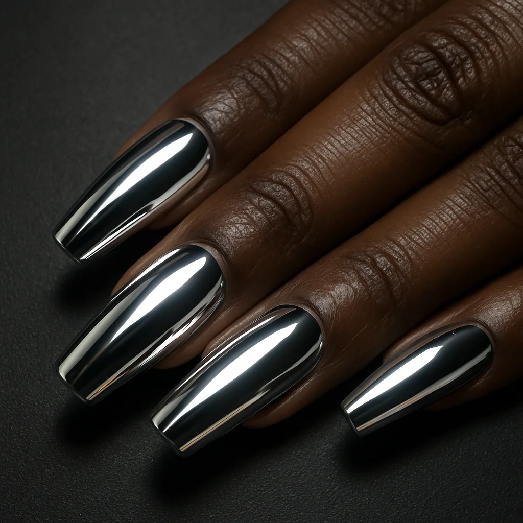 White chrome mirror nails with moving light reflection on dark espresso skin black surface — white nail 2026