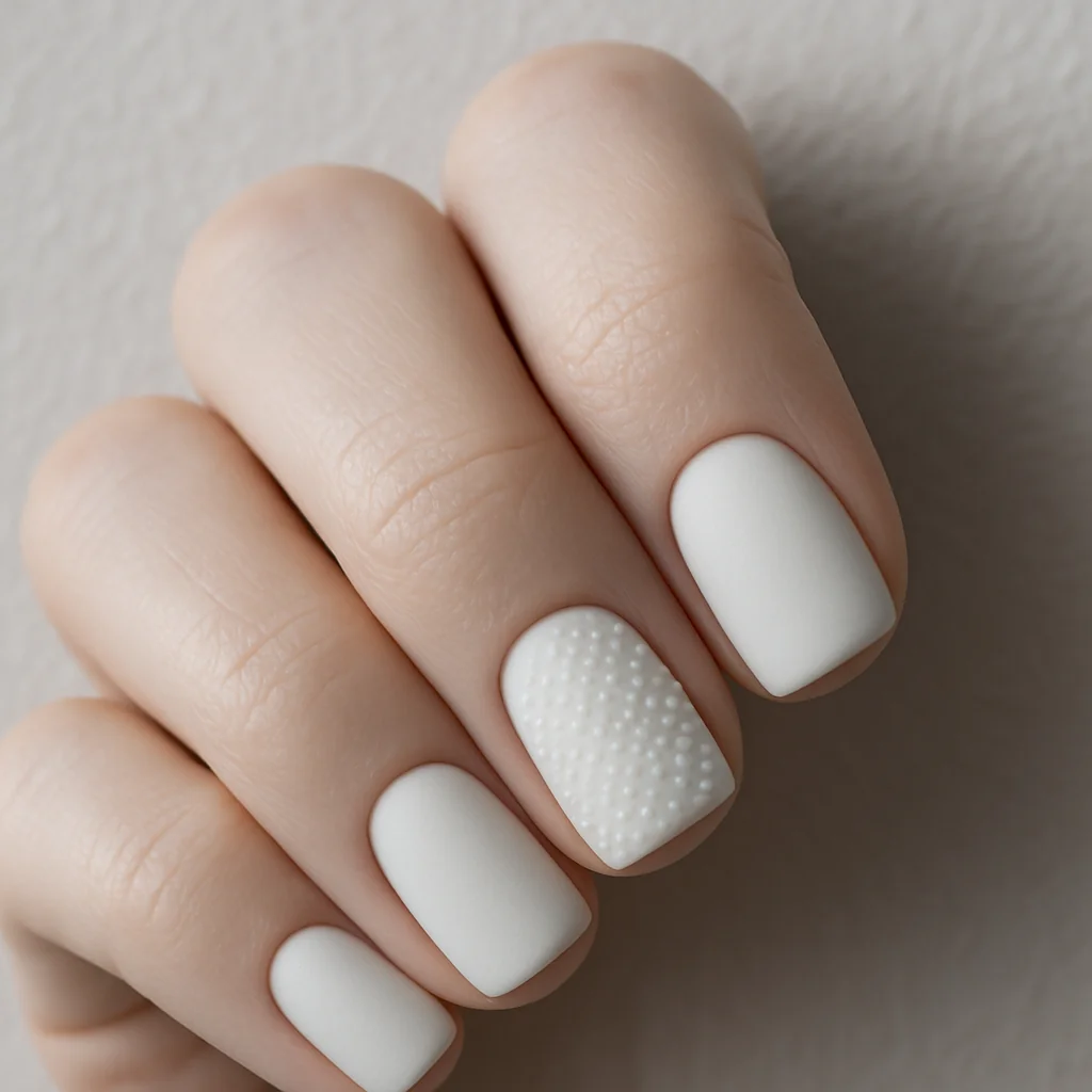 White on white tonal texture matte base with raised dot pattern same color on ring finger on pale cool skin raking side light — minimal white nail 2026