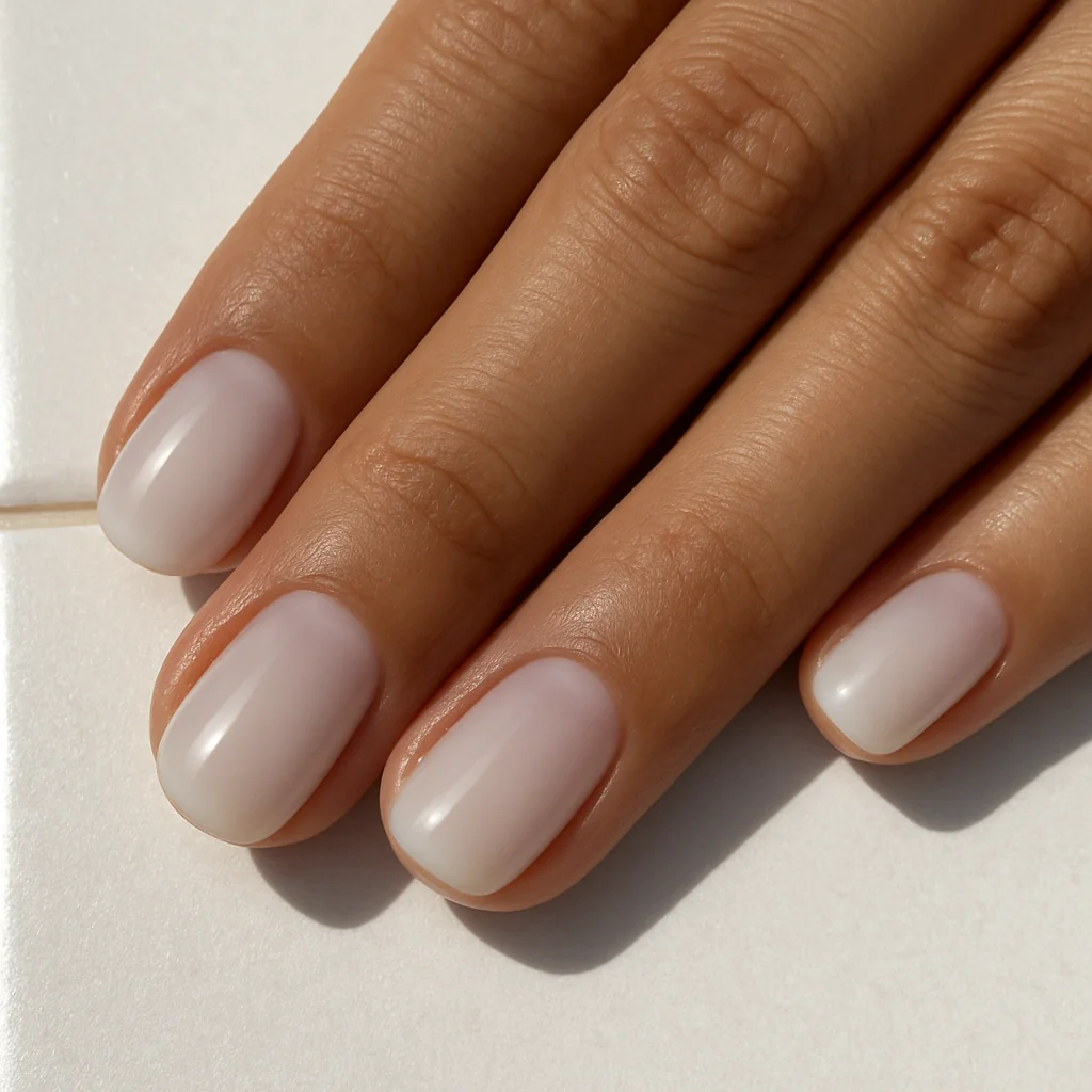 Translucent white jelly nails milky frosted glass quality on warm tan skin on white tiles overhead — white nail 2026