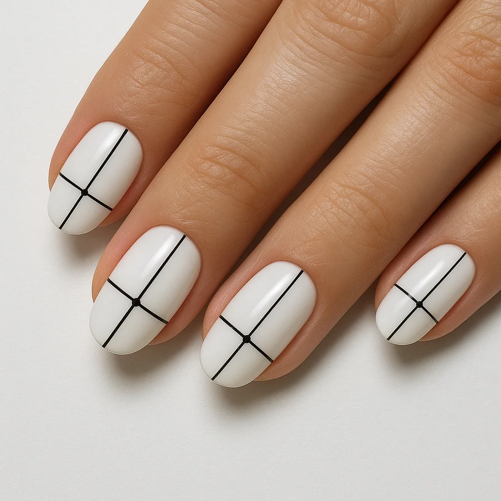 White nails with black horizontal and vertical line cross dividing into quadrants with dot intersection on fair skin — minimalist white nail 2026