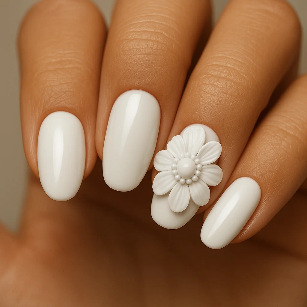 3D sculptured white gel flower with seven petals and pearl bead center on white gloss base on warm golden skin — 3D white nail art 2026