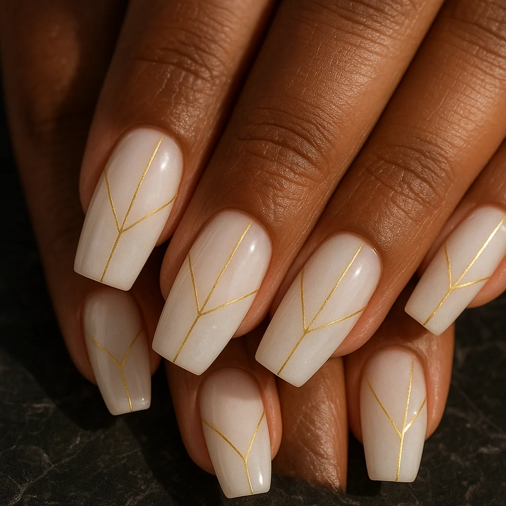 White glazed nails with delicate gold Y-line art fork at mid-nail on deep warm dark brown skin on marble — gold line white nail 2026