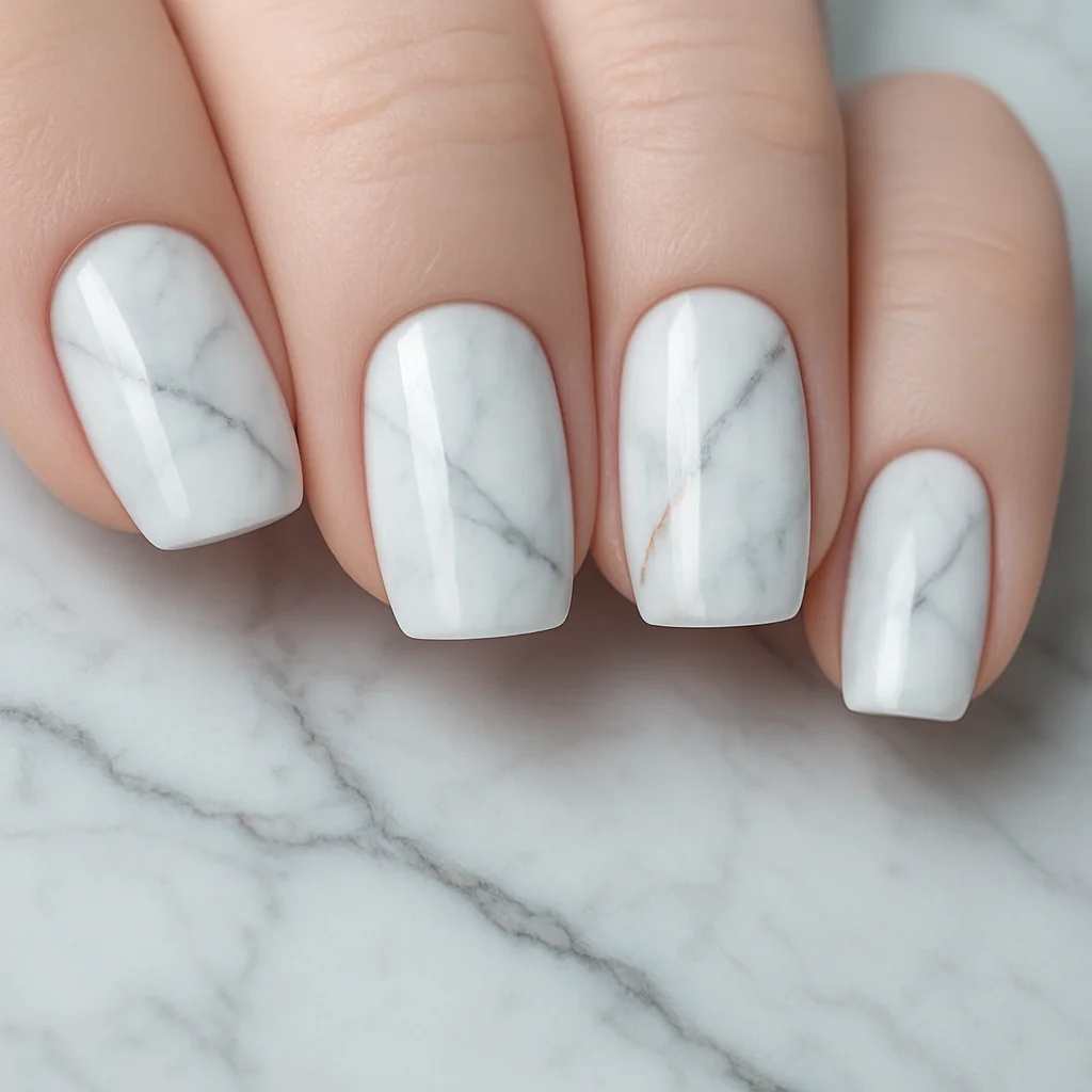 White marble nails with grey veining and rose gold accent vein on white gloss base on pale cool skin on marble — marble white nail 2026