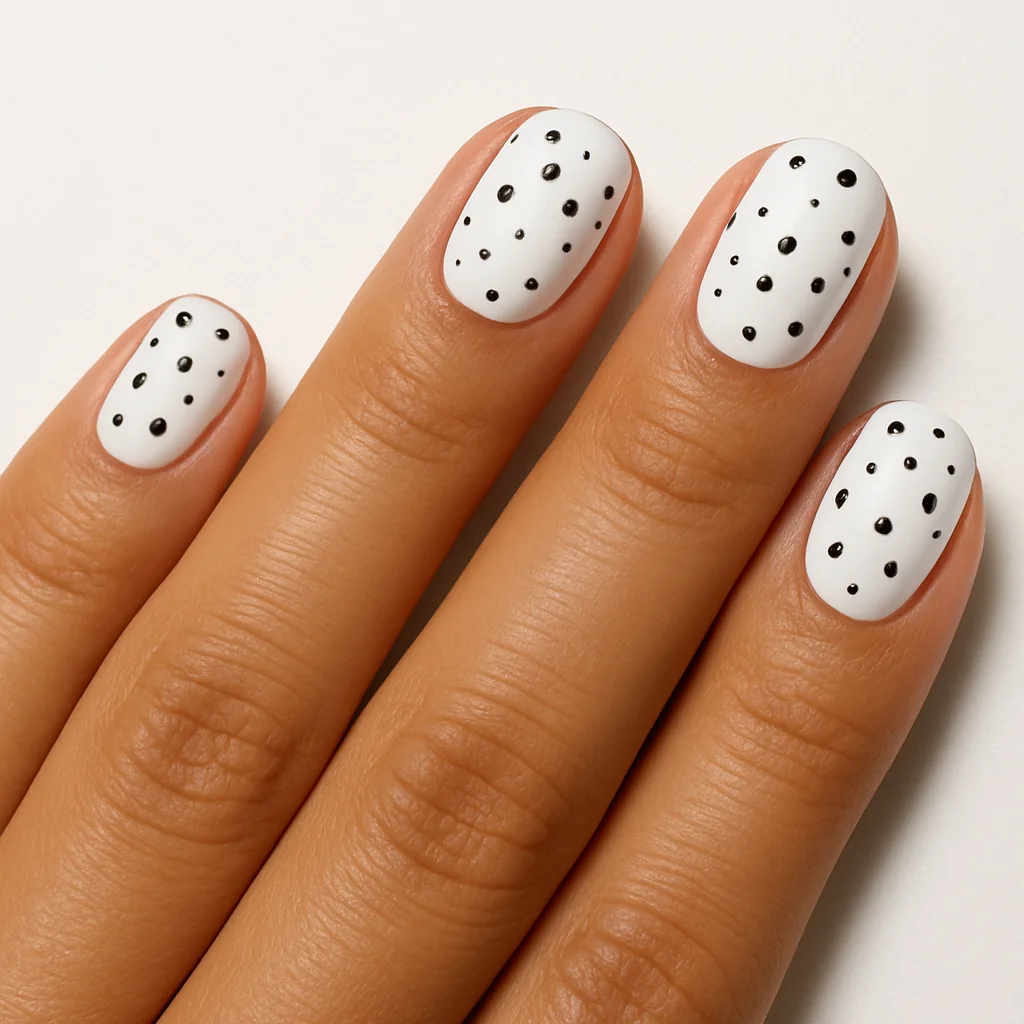 White nails with scattered asymmetric black micro dots three sizes on warm olive skin overhead studio — white nail art 2026