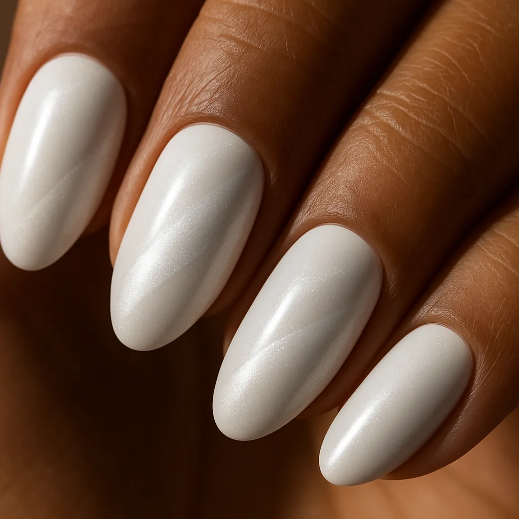 White cat-eye magnetic nails with hidden shimmer stripe visible in directional light on warm brown skin — white nail 2026
