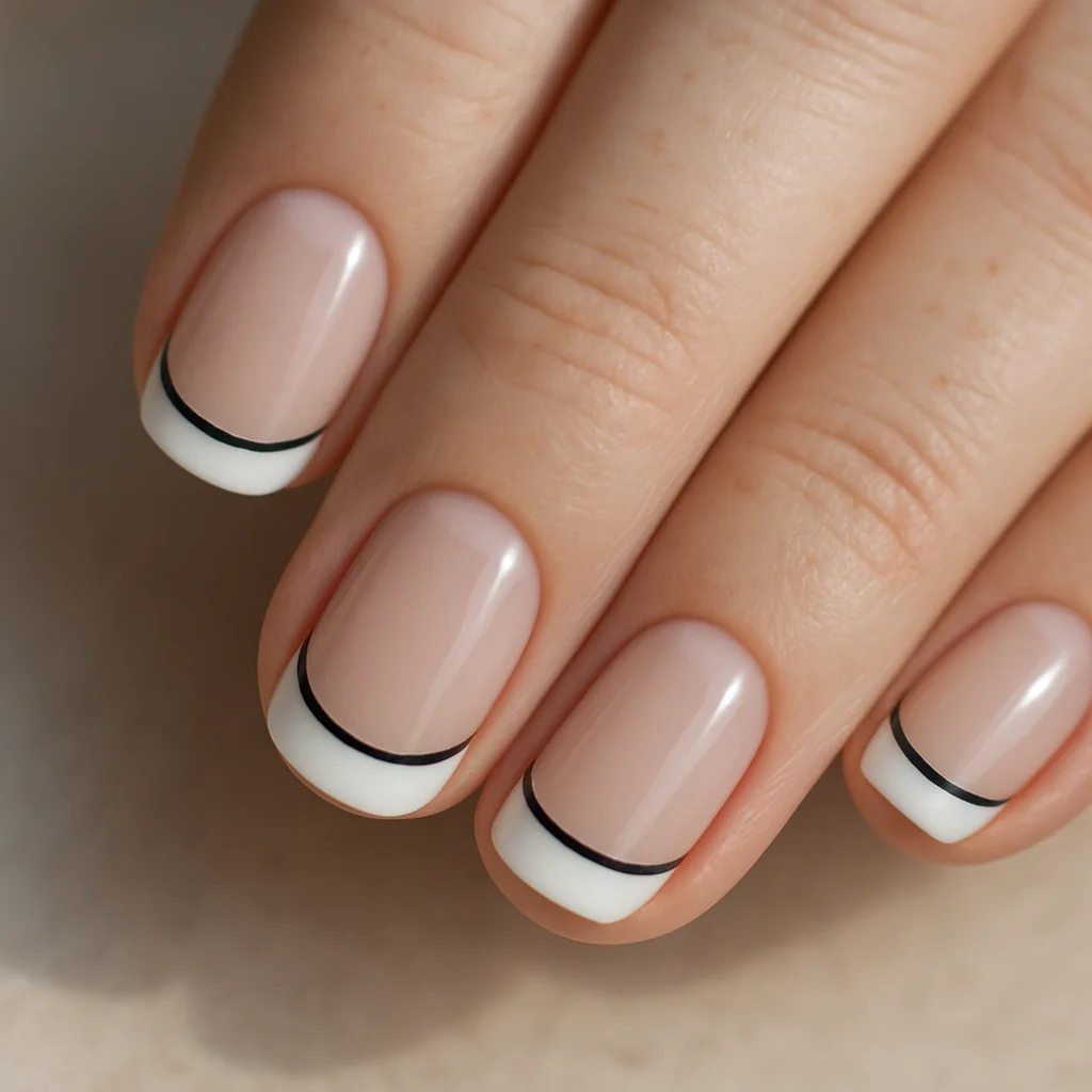 White French tip nails with thin black inner arc line border on nude-white base on fair freckled skin daylight — white French nail 2026
