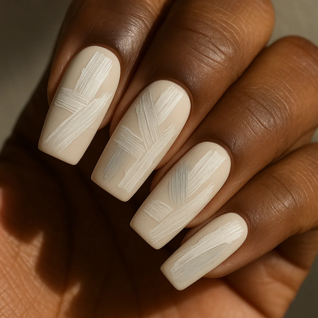 White nails with off-white and pale grey abstract brushstrokes tonal composition on deep warm dark skin window light — white nail art 2026