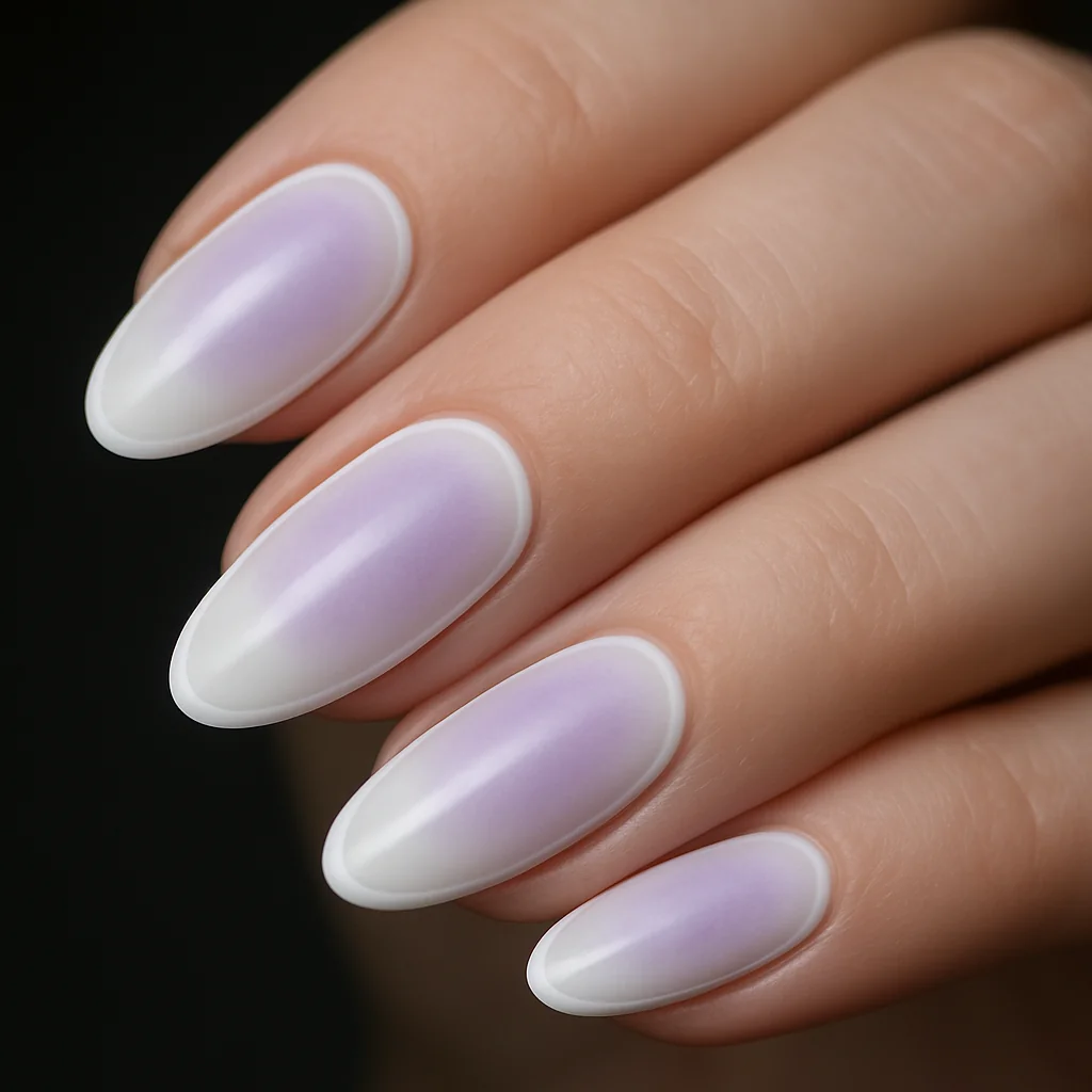 White nails with lilac aura cloud at center and white halo outline on pale fair cool skin dark background — aura white nail 2026