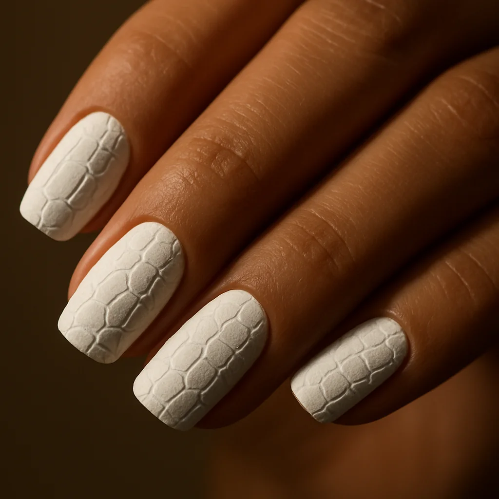 White matte croc embossed texture nails irregular polygon cell pattern same color tonal on warm olive skin raking light — textured white nail 2026