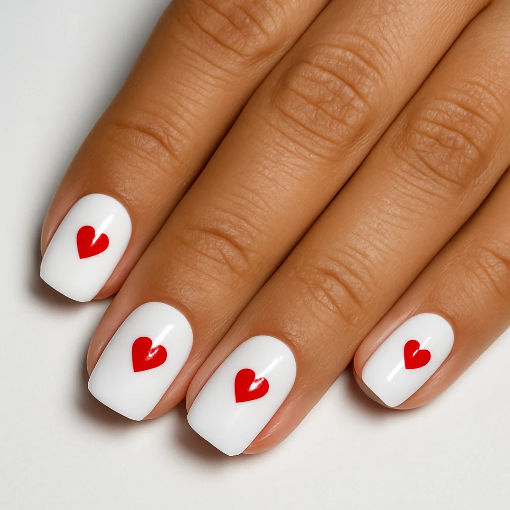 White glossy nails with single centered red heart on each nail on warm tan skin flat on white surface — graphic white nail 2026