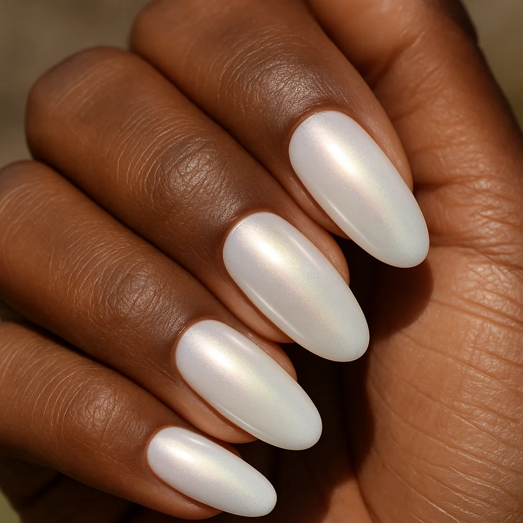 White pearl nails with iridescent shift gold pink on dark espresso skin outdoor natural light hand tilted — pearl white nail 2026