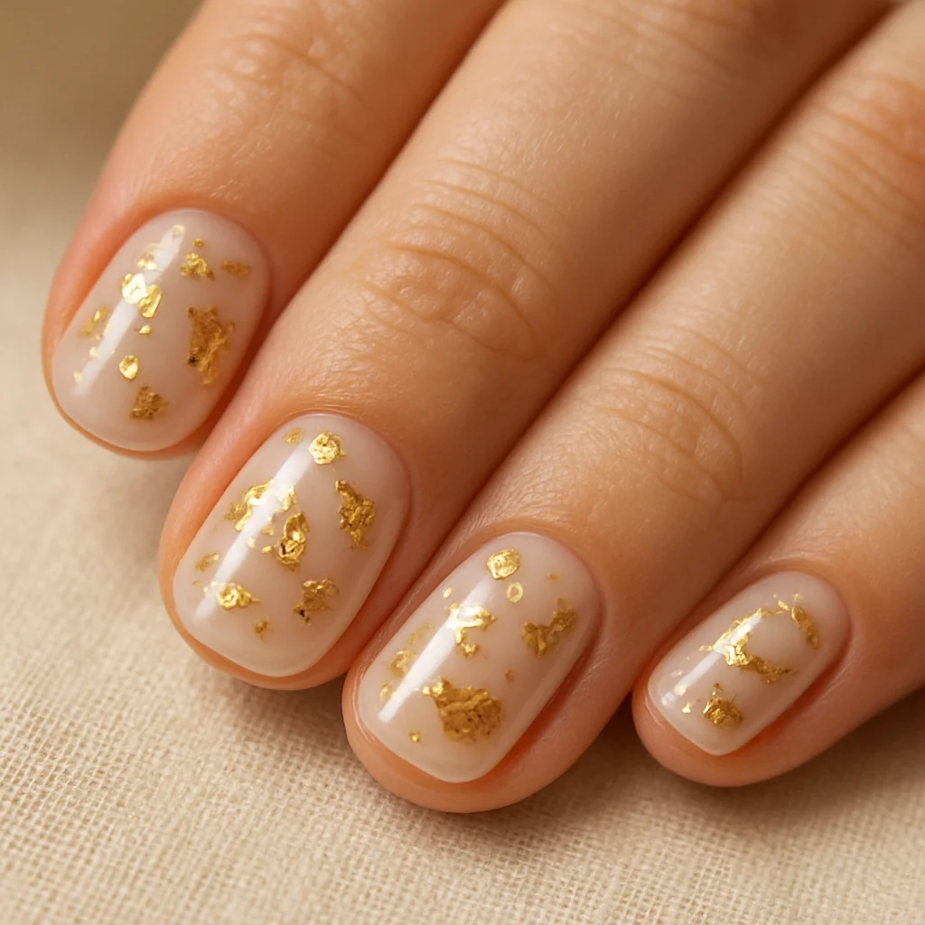 Milky white glazed nails with suspended gold foil fragments in gel depth on medium fair skin warm studio on cream linen — white nail 2026