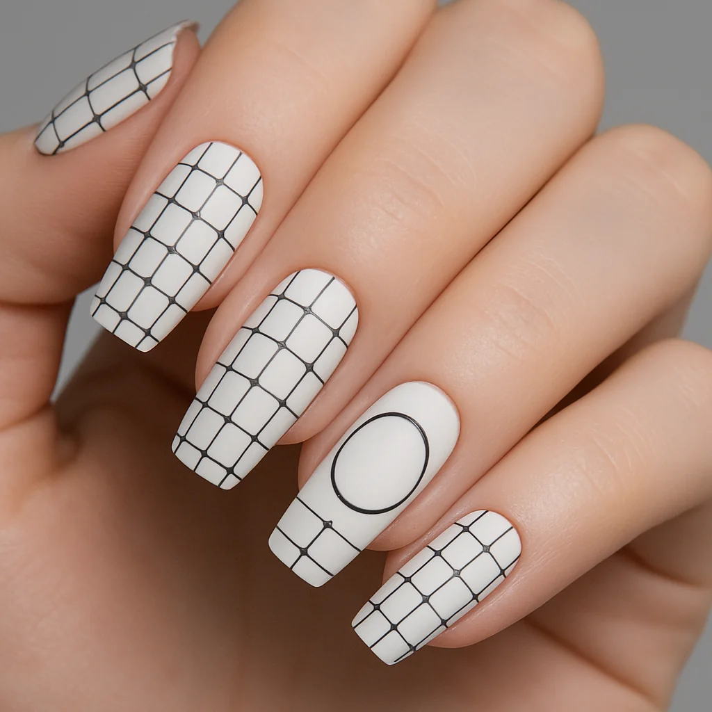 White nails with precise black crosshatch grid and dot nodes full surface on porcelain skin high contrast studio — graphic white nail 2026