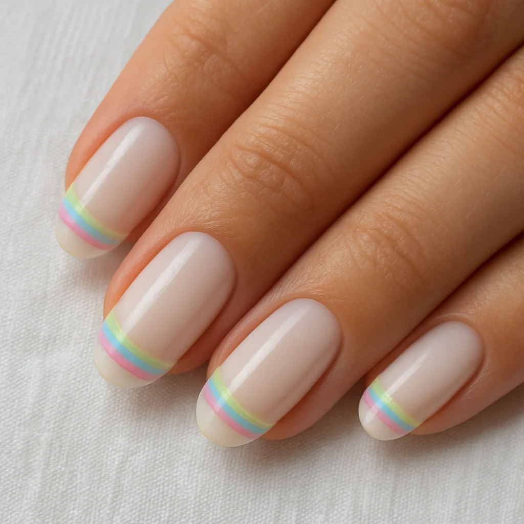 White sheer base with pastel striped French tips pink mint yellow lavender stacked at free edge on warm tan skin daylight — white nail art 2026