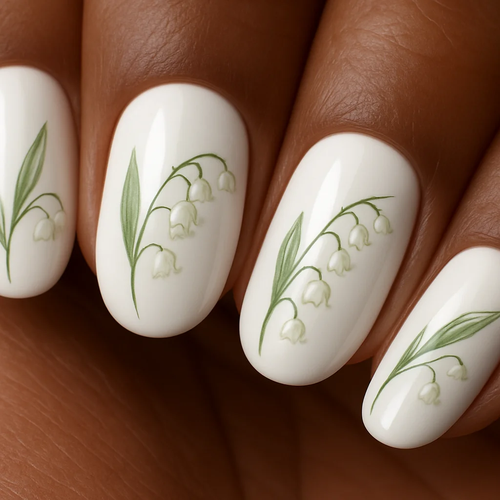 White nails with hand-painted lily of the valley botanical stem and bell flowers on deep warm brown skin — botanical white nail art 2026