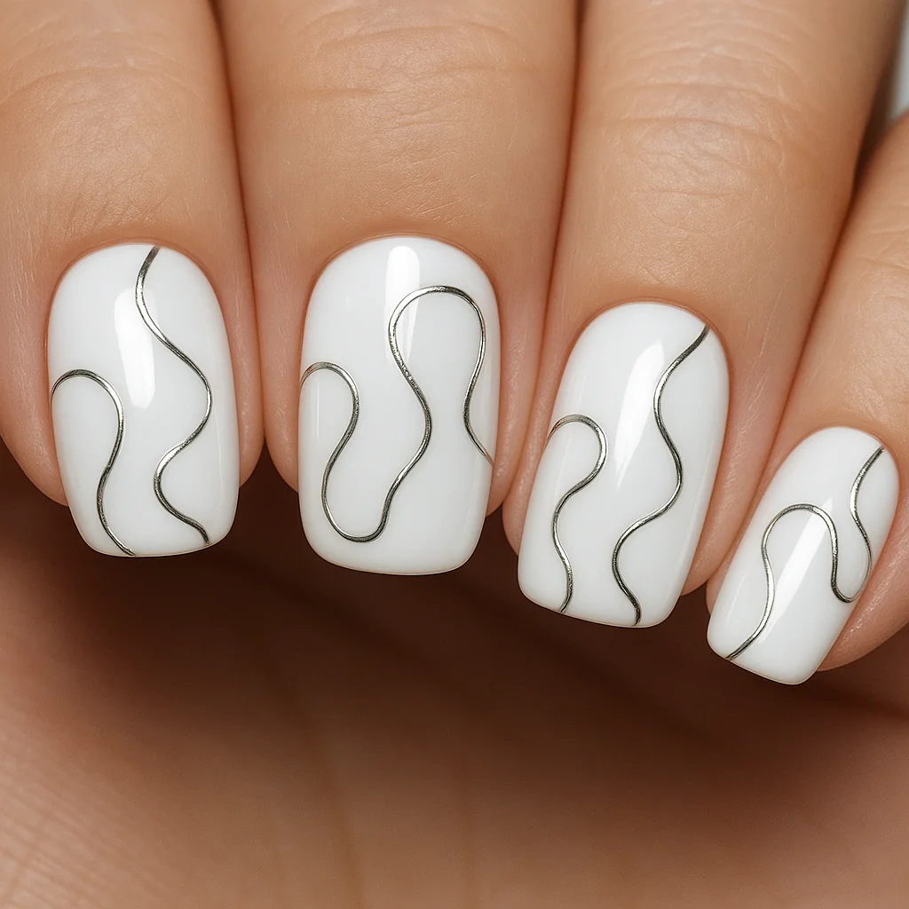 White gloss nails with single continuous abstract metallic silver line meandering across each nail on pale fair skin — abstract white nail 2026