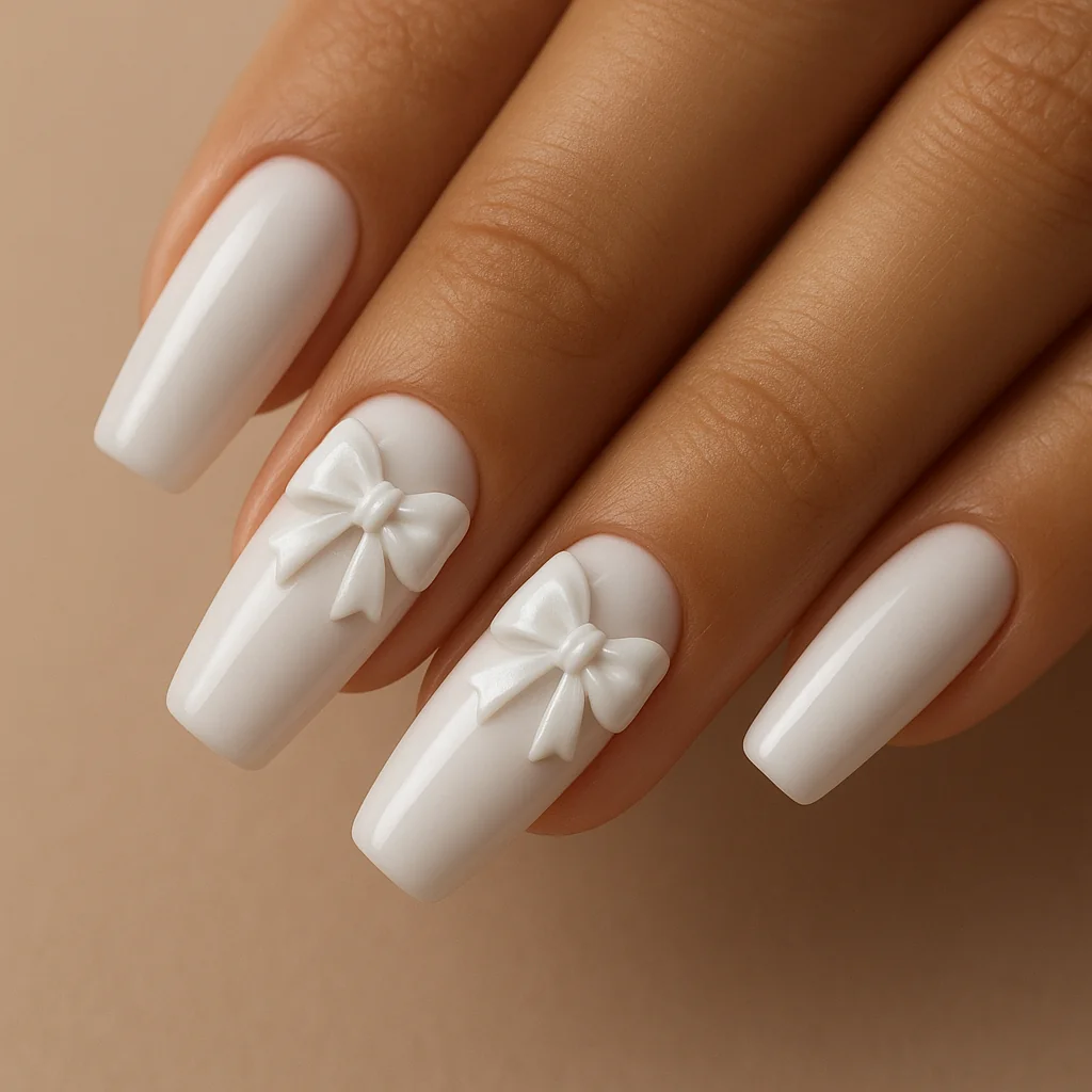 White nails with 3D sculptured white satin bow on ring and middle finger on warm golden skin soft warm studio — coquette white nail 2026