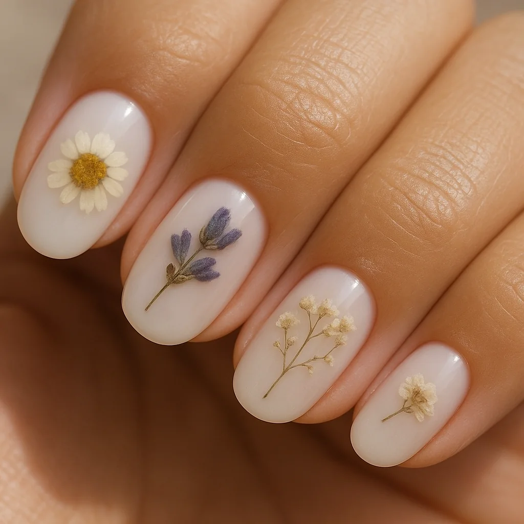 Milky white gel nails with real dried flower inclusions chamomile lavender babys breath on olive skin natural daylight — botanical white nail 2026