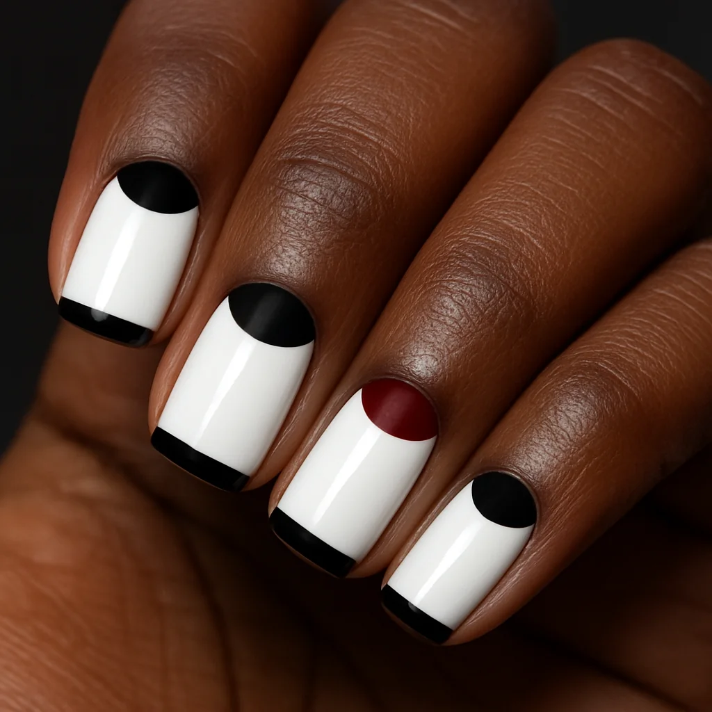 White nails with black reverse French half-moon lunula at cuticle on deep dark skin cool directional light — reverse French white nail 2026