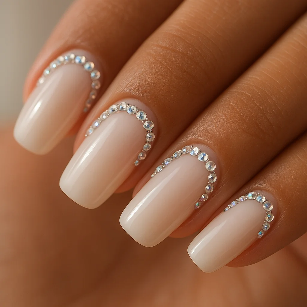 White glazed nails with double row crystal cuticle frame AB iridescent clear on warm medium brown skin natural light — gem white nail 2026