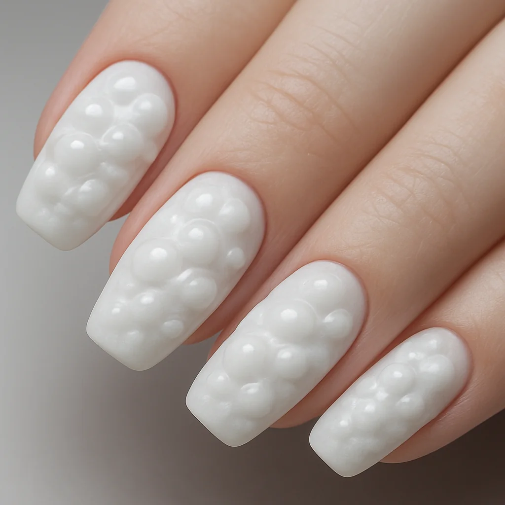 White cloud texture gel dome nails 3D rounded mounds on white gel base on pale fair cool skin soft overhead light — 3D white nail 2026