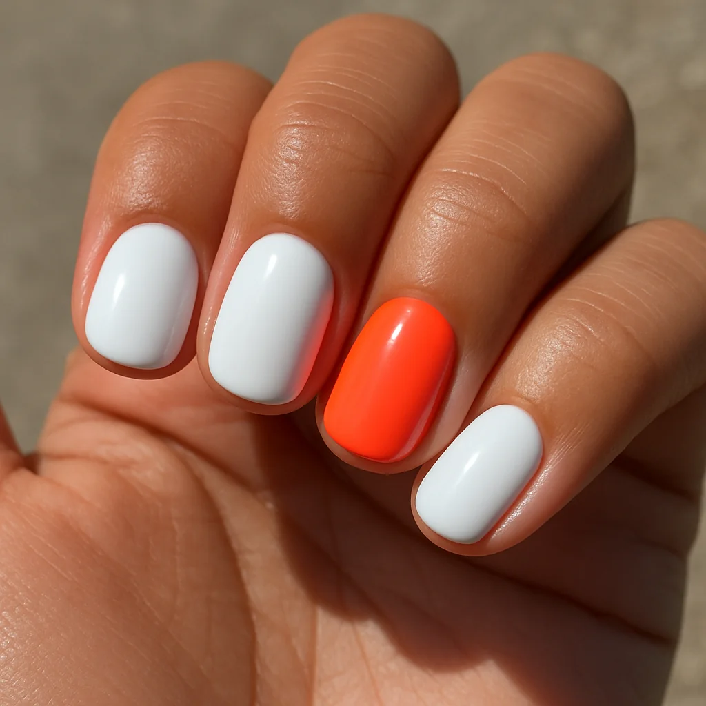 Four white glossy nails with single electric neon coral accent nail on warm tan skin outdoor bright sunlight — white nail design 2026
